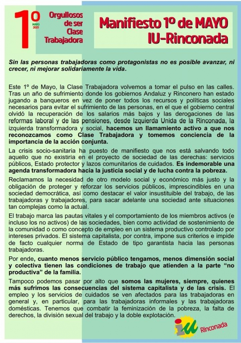 Manifiesto &#039;1 de mayo IU La Rinconada - Orgullosos de ser Clase Trabajadora&#039;