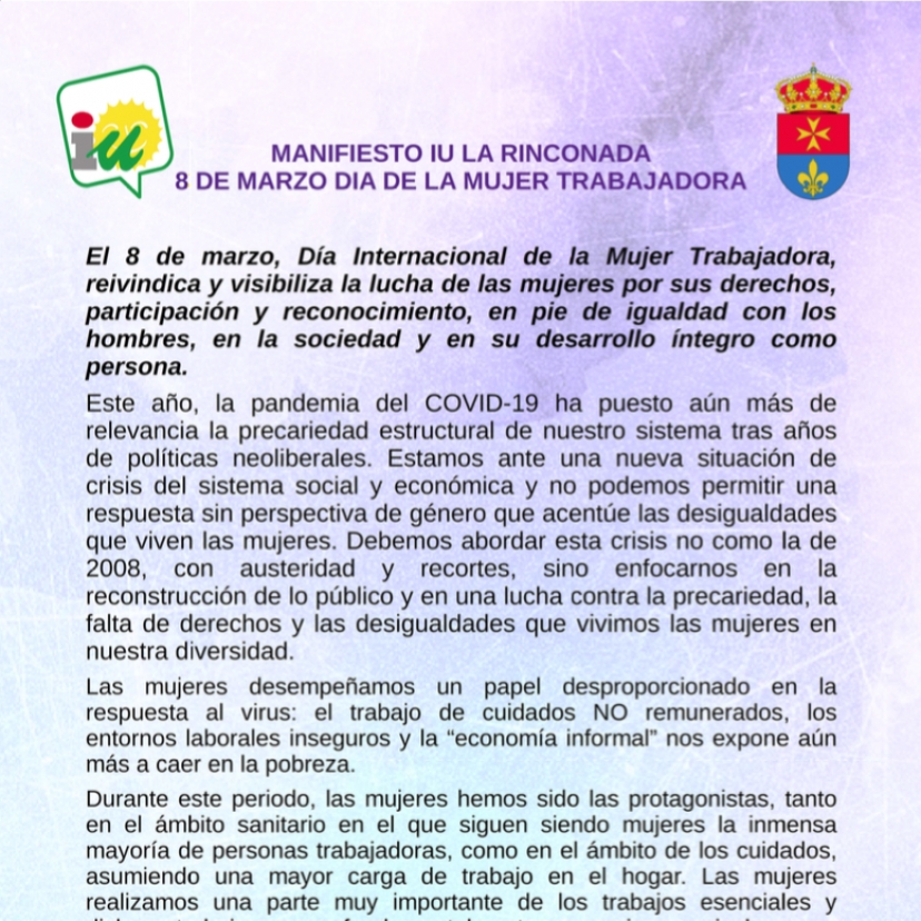 Manifiesto IU La Rinconada 8M Día de la Mujer Trabajadora