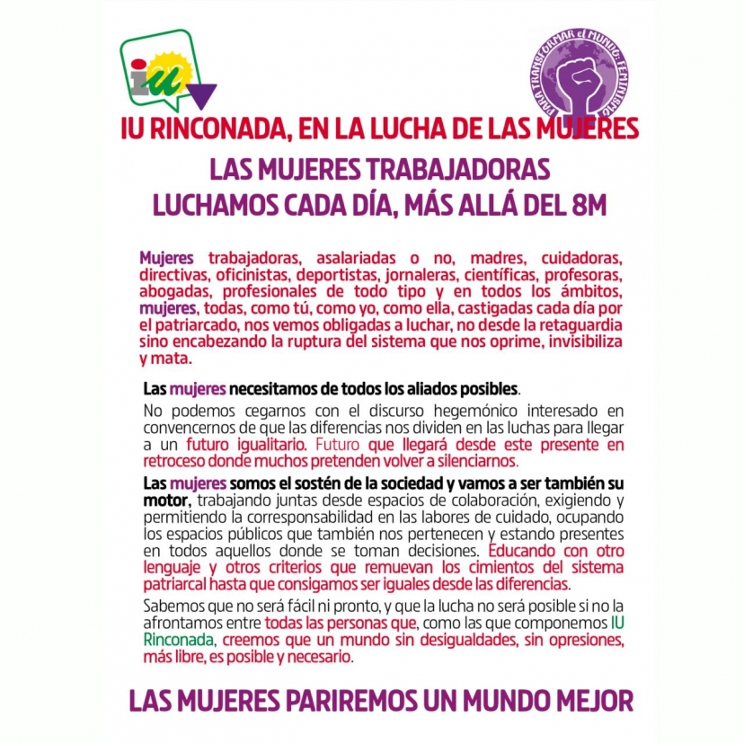 Manifiesto para el 8M de Izquierda Unida en la Rinconada