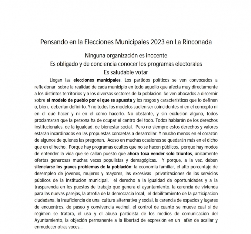 Pensando en las elecciones municipales 2023 en La Rinconada, por Paco Prior Real